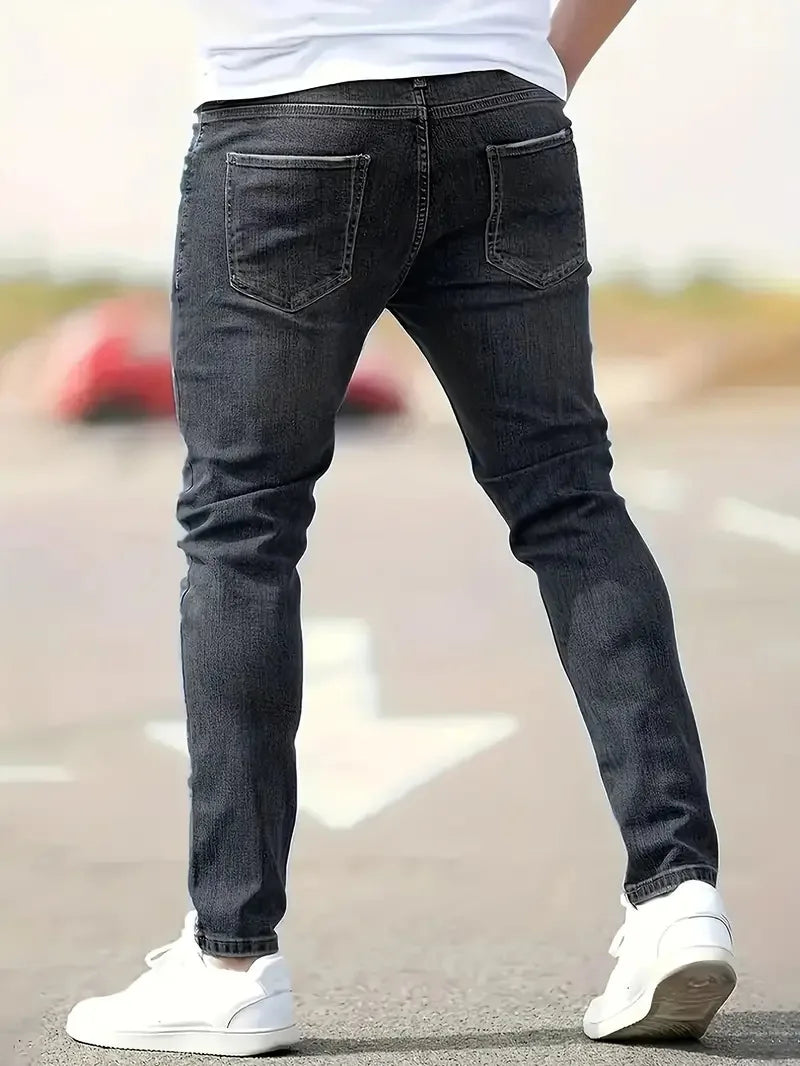 New Men's Elastic Slim Fit Jeans - Classic Ripped Cat Whiskers Casual Denim Pants - Black