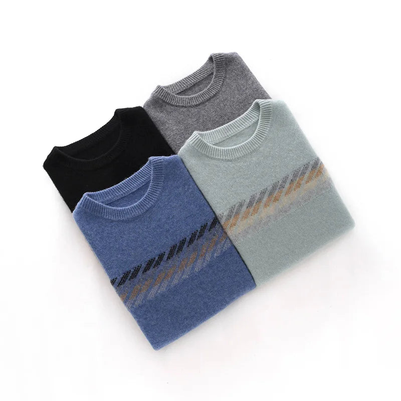 Autumn Winter New Round Neck 100% Cashmere Sweater for Men - Loose Thickened Casual Color Block Pullover Knitted Base Shirt