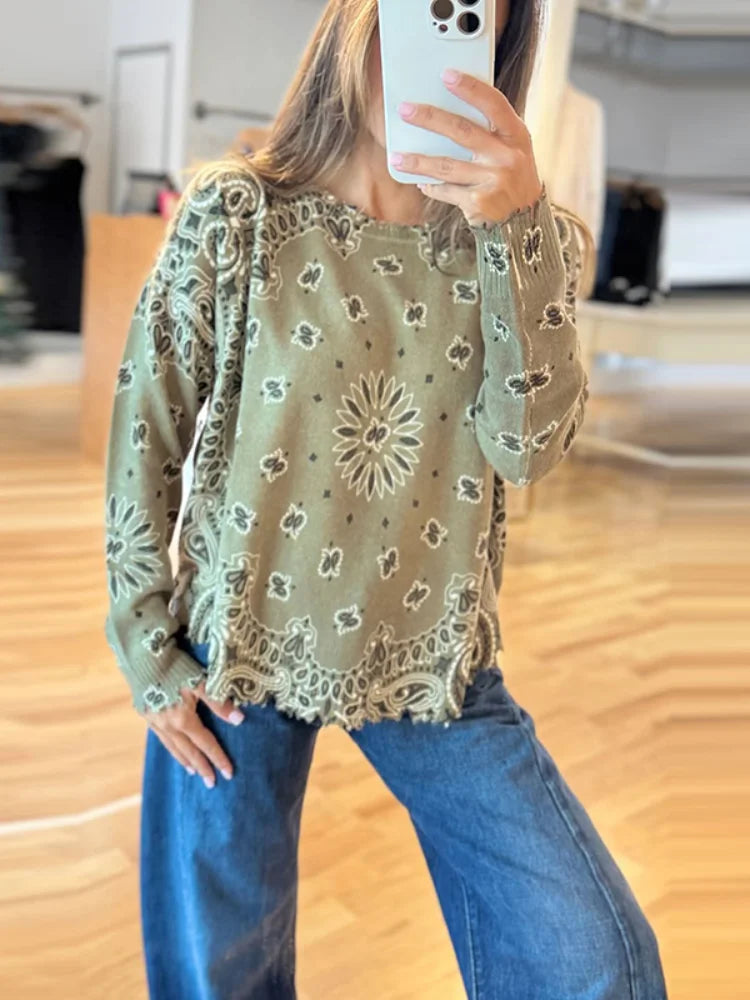 2026 Spring New Paisley Cashew Flower Knitted Pullover for Women Elegant Long Sleeve Sweater Female Irregular Chic Street Jumper