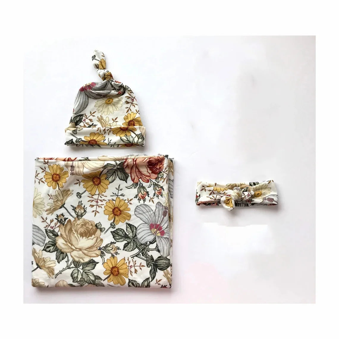3pc Set Baby Swaddle Wrap for Newborns with Floral Headband