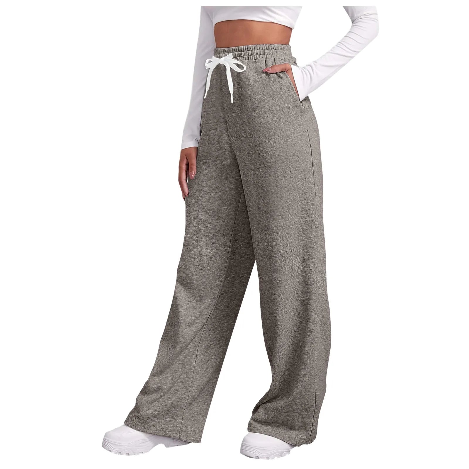 Women New Elastic Waist Pants with Side Pockets Fleece Lined Thick Wide Leg Sweatpants Pure Color Straight Cut