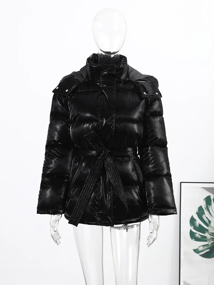 Chic Women's Shiny Pink Hooded Puffer Jacket Oversized Longline Winter Cotton-Padded Coat Fashion Warm Down Outerwear for Women