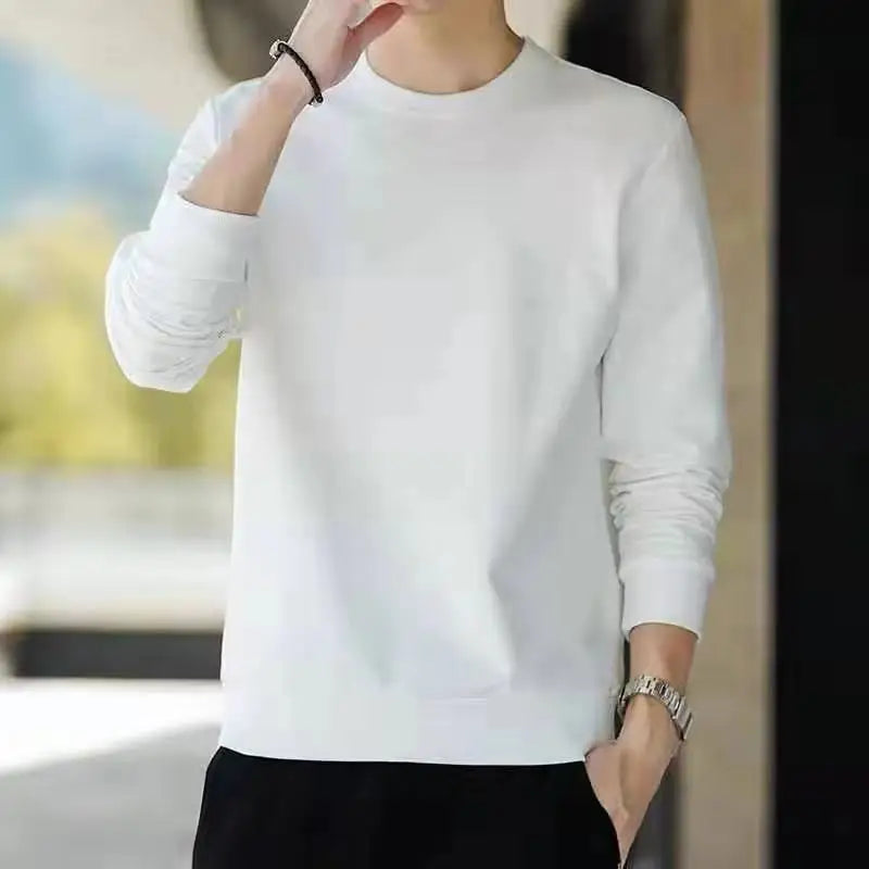 Men's Casual Loose Long Sleeve Shirt Spring Autumn O-Neck Solid Color Long Sleeve T-shirts New Male Clothes Black White