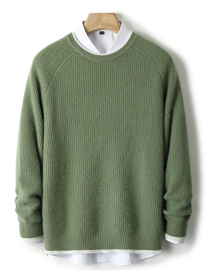 100% Pure Wool Men's Round Neck Thick Pullover Sweater - Youth Knitted Cashmere Sweater with Bottom