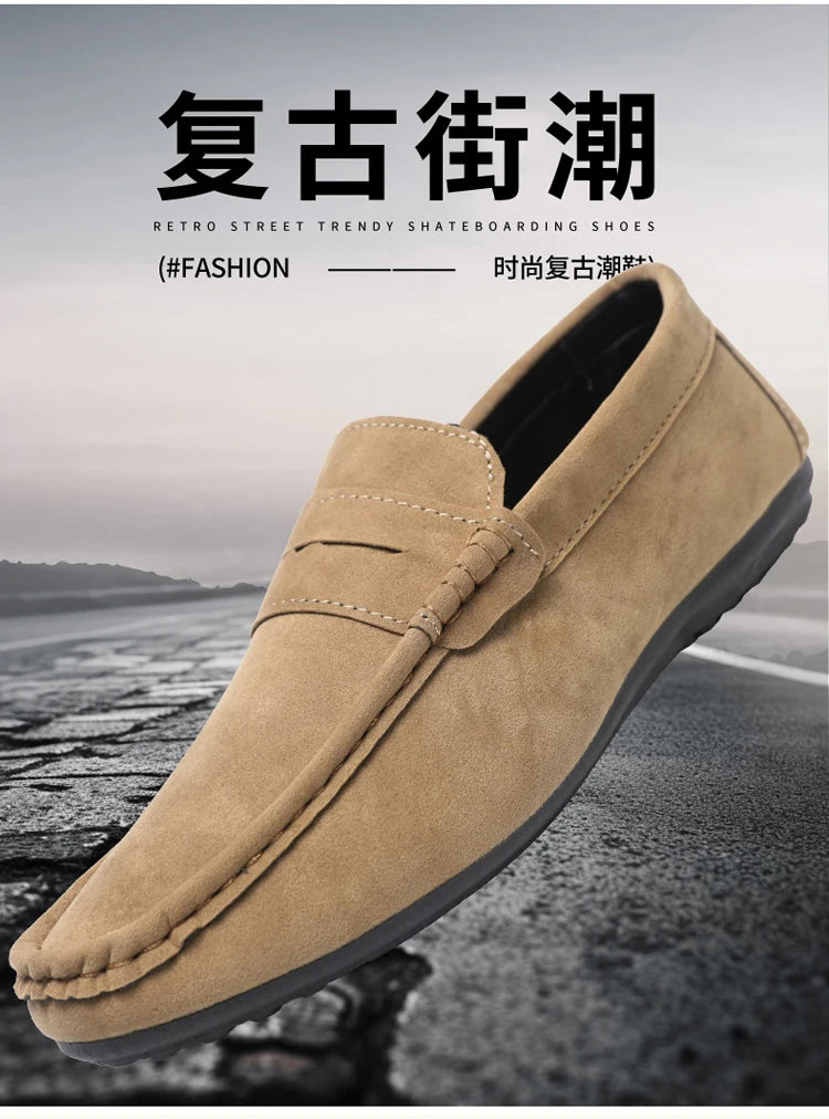 2025 Autumn Deer Leather Casual Men's Shoes Versatile Comfortable Work Shoes Driving Loafers Black, Grey, Khaki Three-Colour