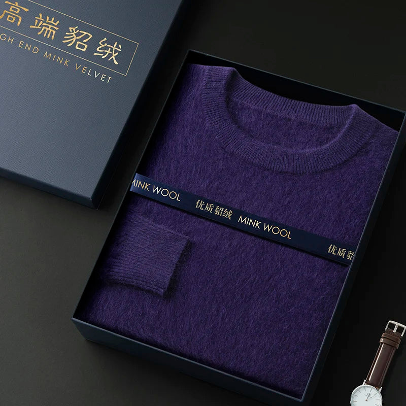 100% Pure Mink Cashmere Men's Round Neck Sweater for Autumn Winter, Casual Knitted Long Sleeved Pullover Sweater Men's Clothing