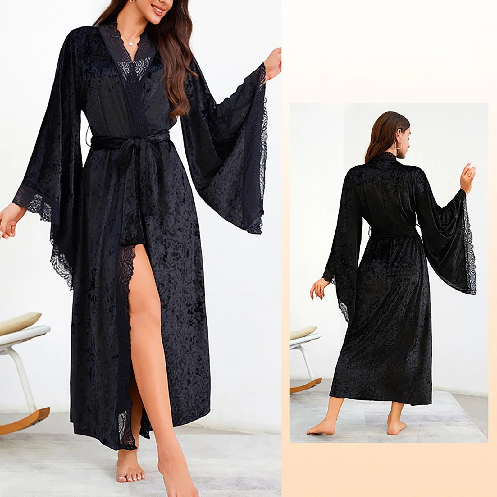 Women's Lace Velvet Bathrobe Breathable Nightgown Kimono Home Clothes Flare Sleeve Night Long Robe Female Sleepwear Homewear