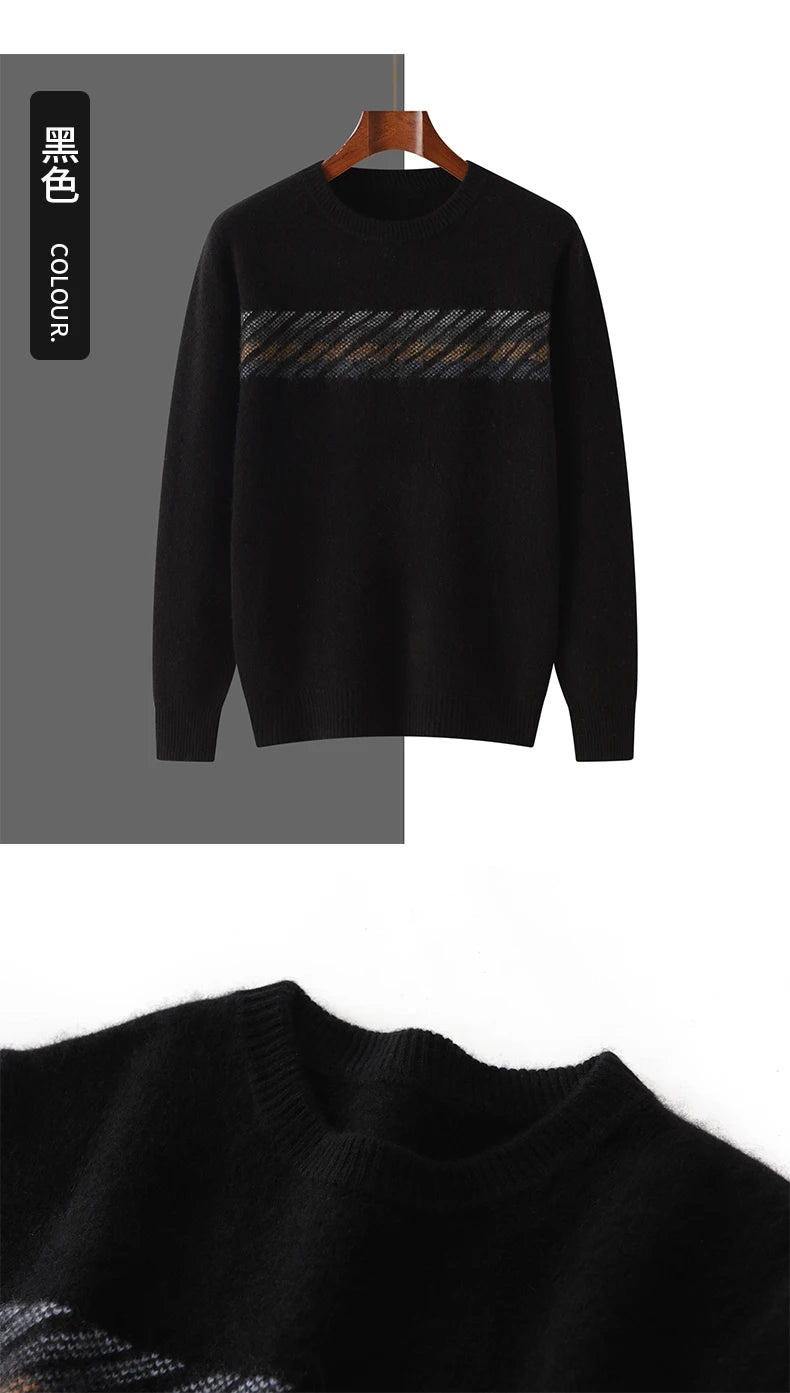 Autumn Winter New Round Neck 100% Cashmere Sweater for Men - Loose Thickened Casual Color Block Pullover Knitted Base Shirt