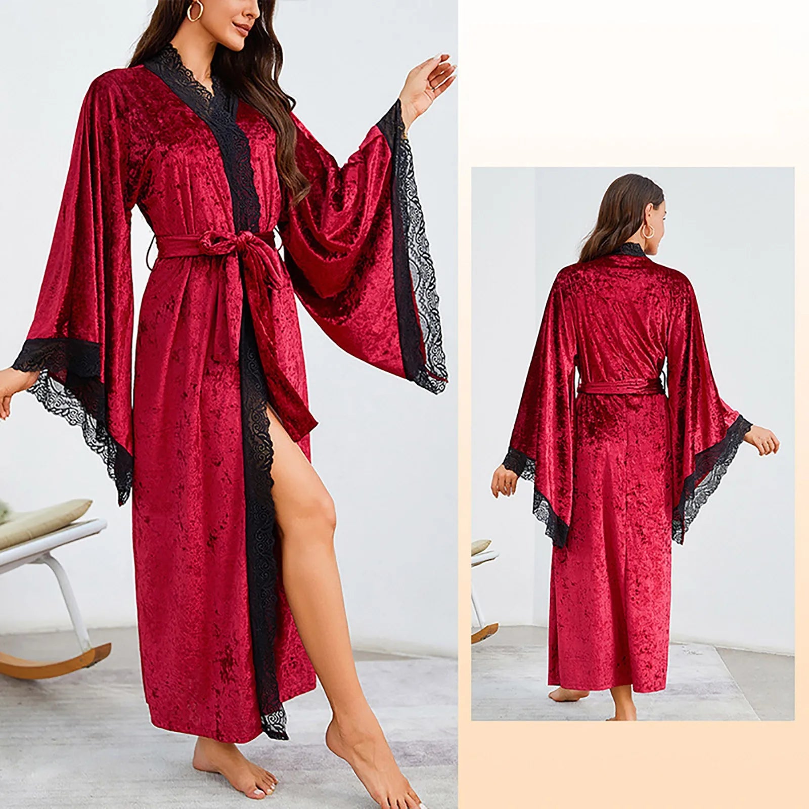 Women's Lace Velvet Bathrobe Breathable Nightgown Kimono Home Clothes Flare Sleeve Night Long Robe Female Sleepwear Homewear