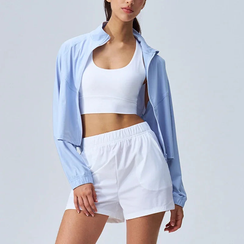 Women's Athletic Workout Running Track Full Zip Cropped Jackets UPF 50+ Sun Protection Long Sleeve Workout Shirts Yoga Gym Top