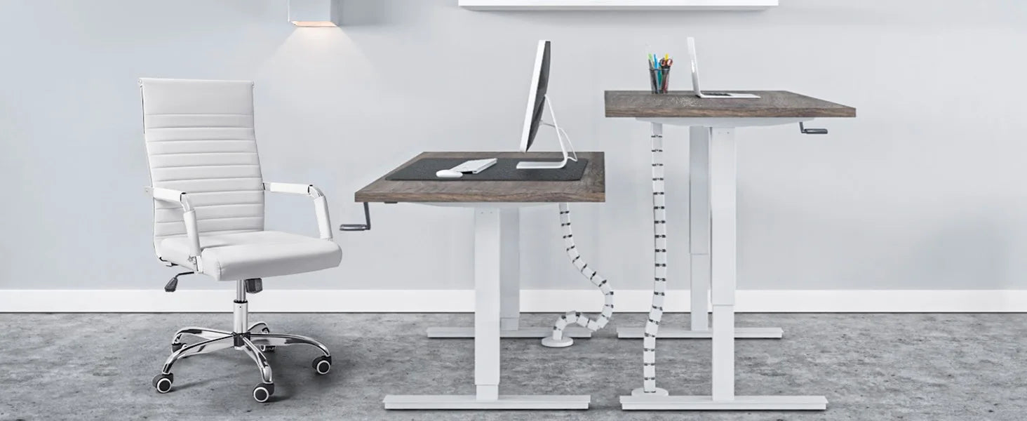 Furmax Ribbed Office Desk Chair Mid-Back PU Leather Executive Conference Task Chair Adjustable Swivel Chair with Arms (White)