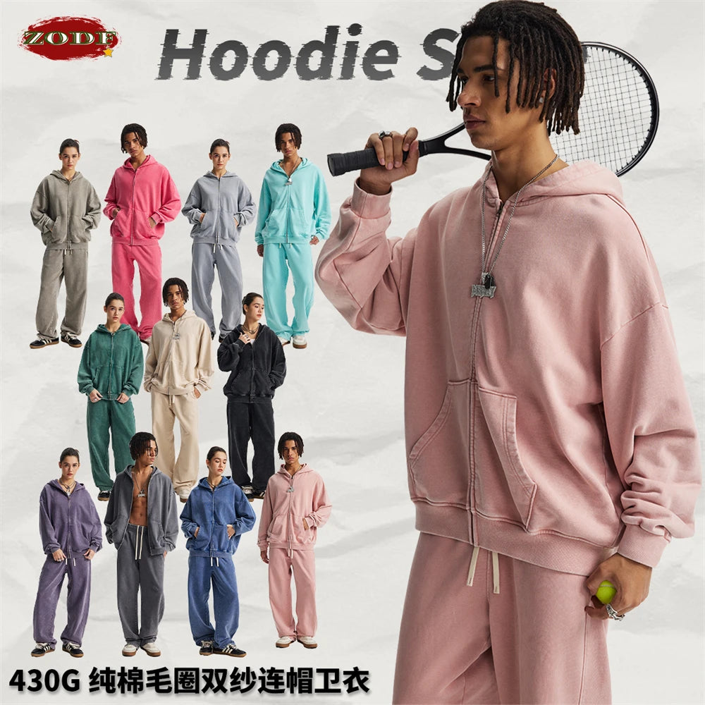 ZODF Trendy Batik Washed 430gsm Man's Zipper Hoodies Unisex Solid Loose Distressed Terry 100% Cotton Hooded Coats HY1159