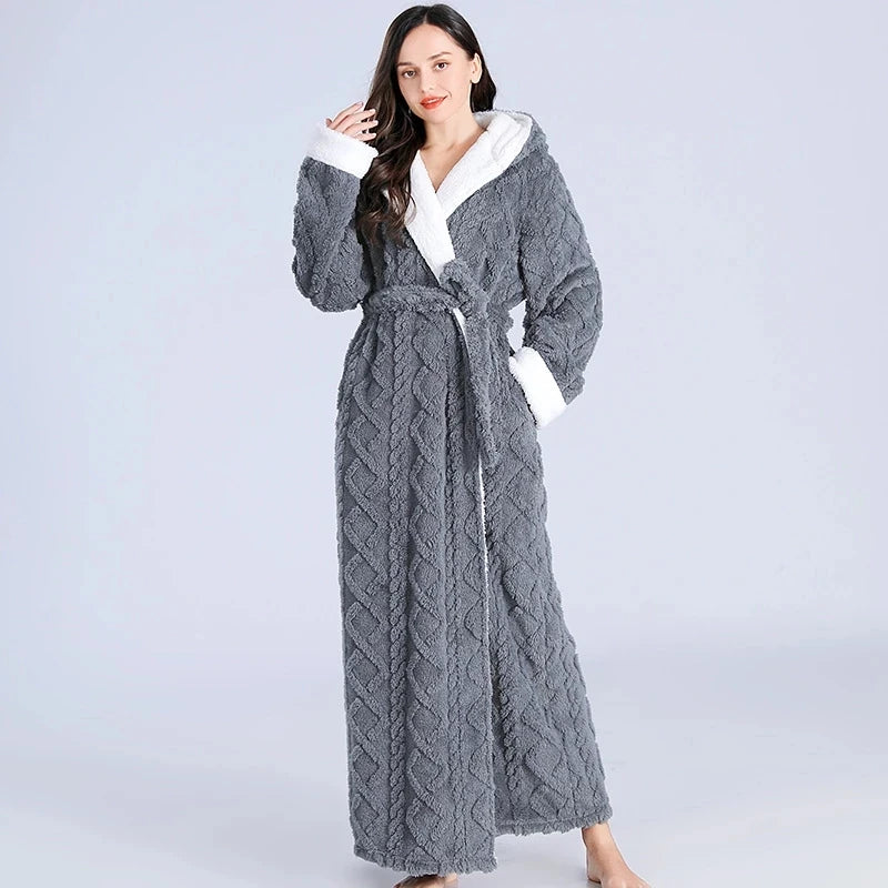 Loose Long Thick Hooded Winter Bathrobe for Women - Flannel Terry Comfortable Sleepwear
