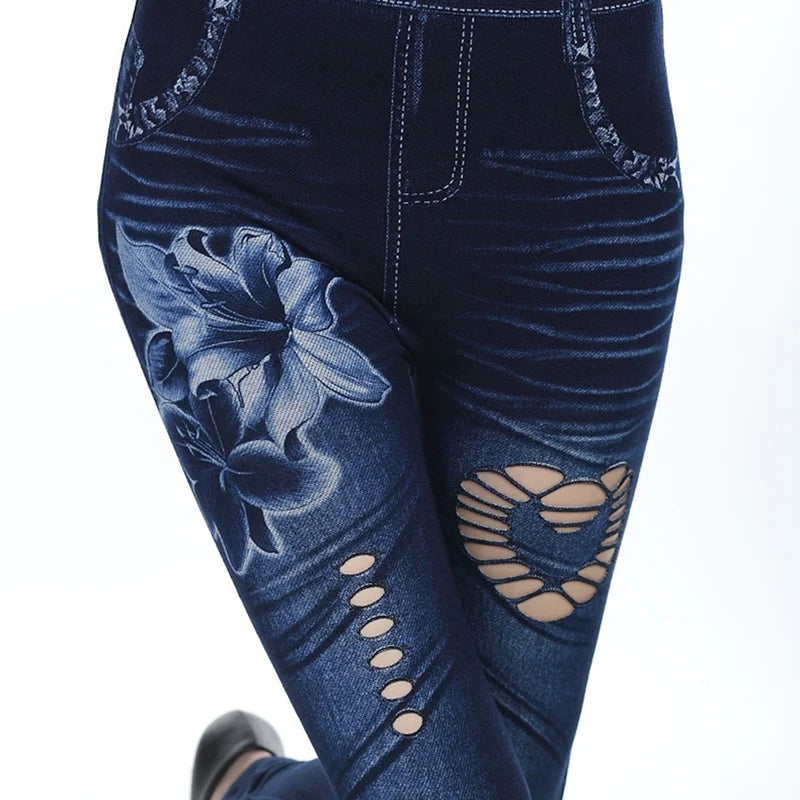 Women Sexy Casual Hollow Out Leggings Floral Print Yoga Pants Denim Pencil Fitness Elastic Ladies Hole Pants