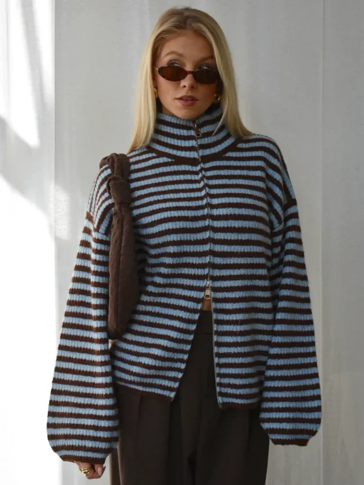 Women's Panelled Striped Zipper Knit Sweater Turtleneck Full Sleeve Coat 2026 Spring Autumn Female Casual Outings Daily Matching