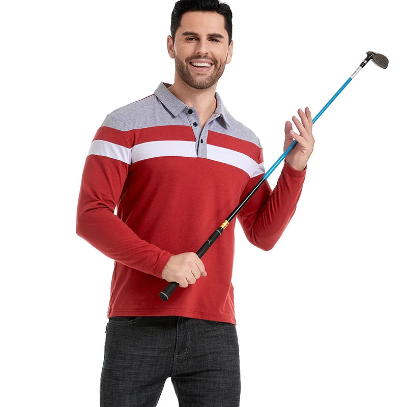 Men's Long Sleeve Casual Cotton Patchwork Collared Shirt Autumn Striped Pullover Streetwear Golf Button Polo Shirts