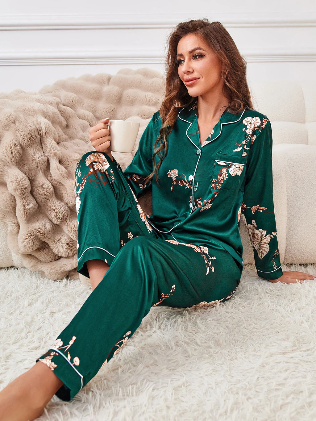 Floral Print Contrast Piping Satin Pajama Set, Women's Sleepwear & Loungewear Button Up Lapel Top & Pants PJ Set