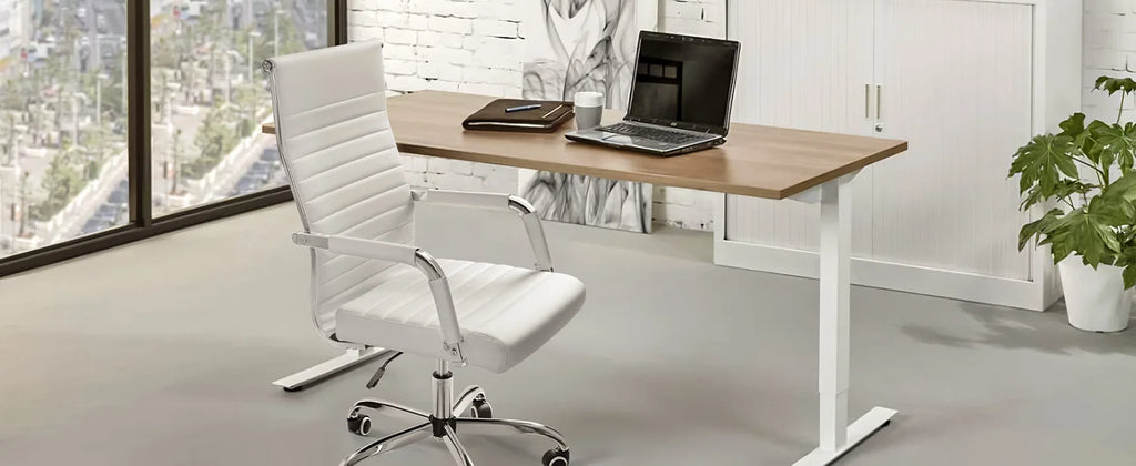Furmax Ribbed Office Desk Chair Mid-Back PU Leather Executive Conference Task Chair Adjustable Swivel Chair with Arms (White)