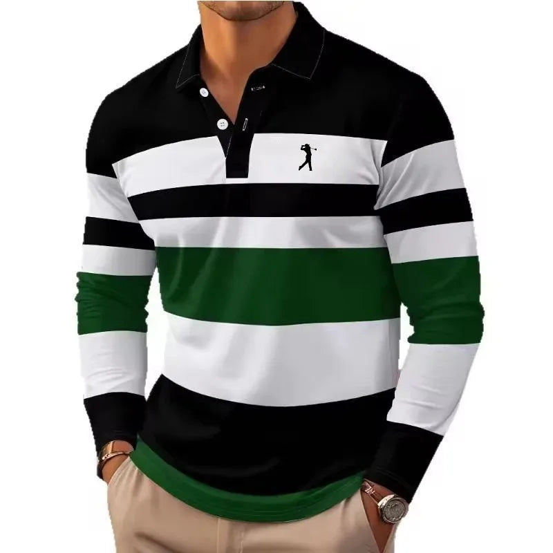 Men's Striped Rugby Polo Long-Sleeved Collar Shirt for Casual, School, Outdoor Sports - 3D Printing for Spring, Autumn, and Winter