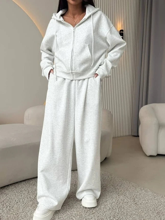 Fashionable Casual Loose Hooded Jacket and Pants Set Long Sleeve Zipper Closure Sweatshirt for Adult Women's Autumn Wear