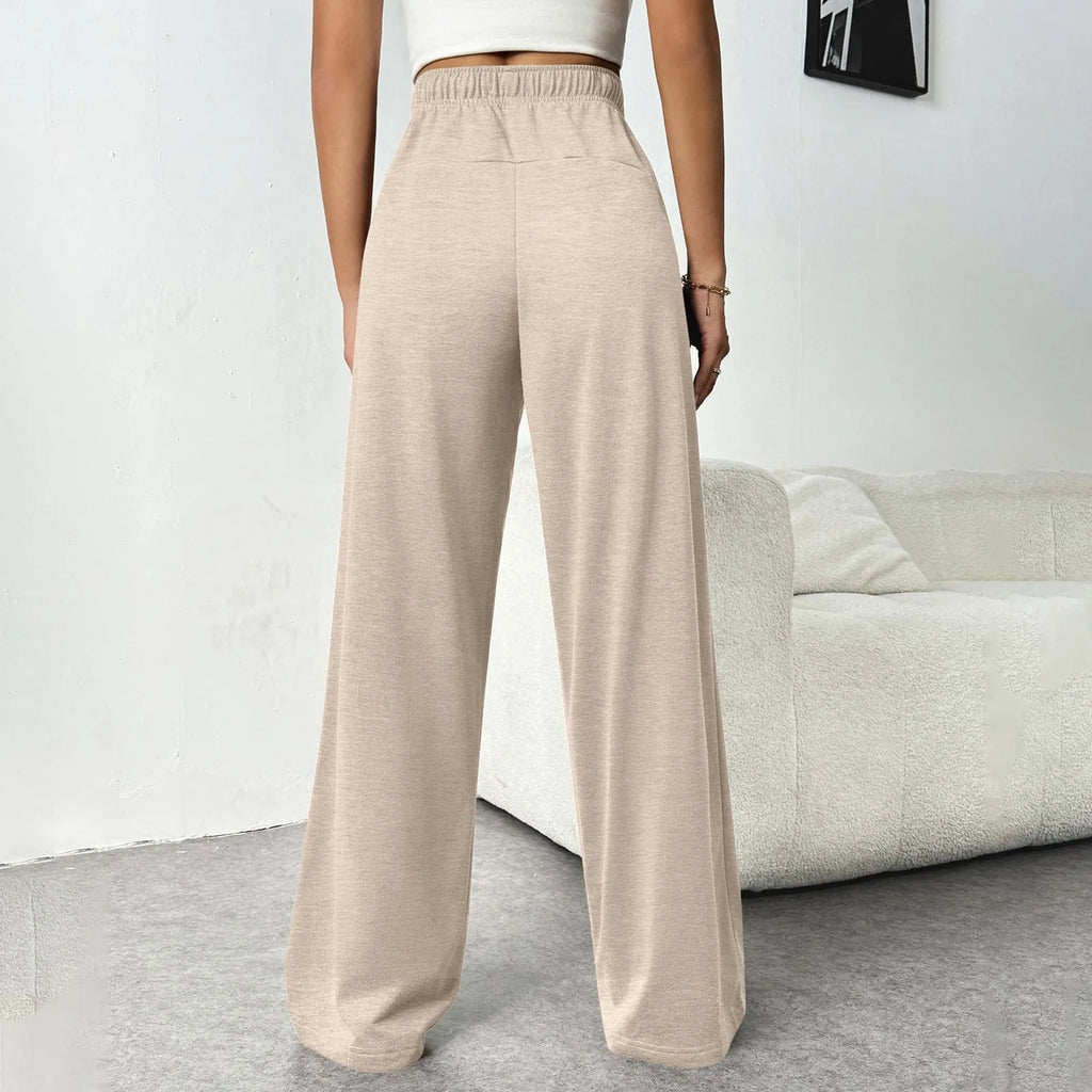 Women New Elastic Waist Pants with Side Pockets Fleece Lined Thick Wide Leg Sweatpants Pure Color Straight Cut