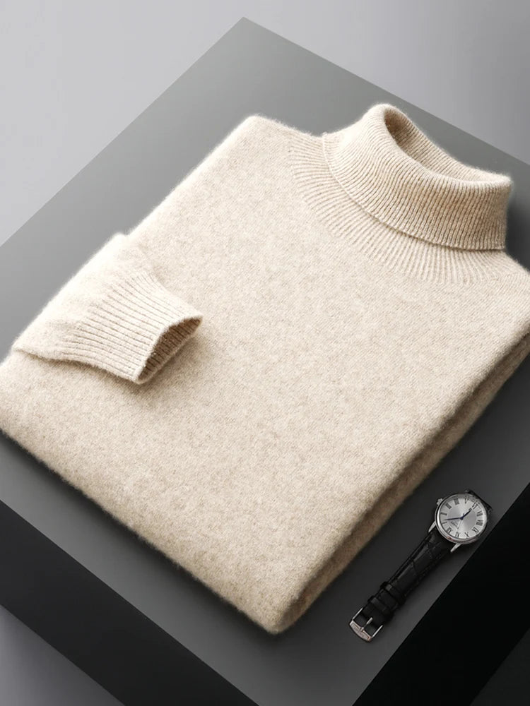 100% Pure Wool One-Piece Ready-to-wear Men's High Lapel Pullover Autumn and Winter Basic Knitted Versatile Sweater Casual Large