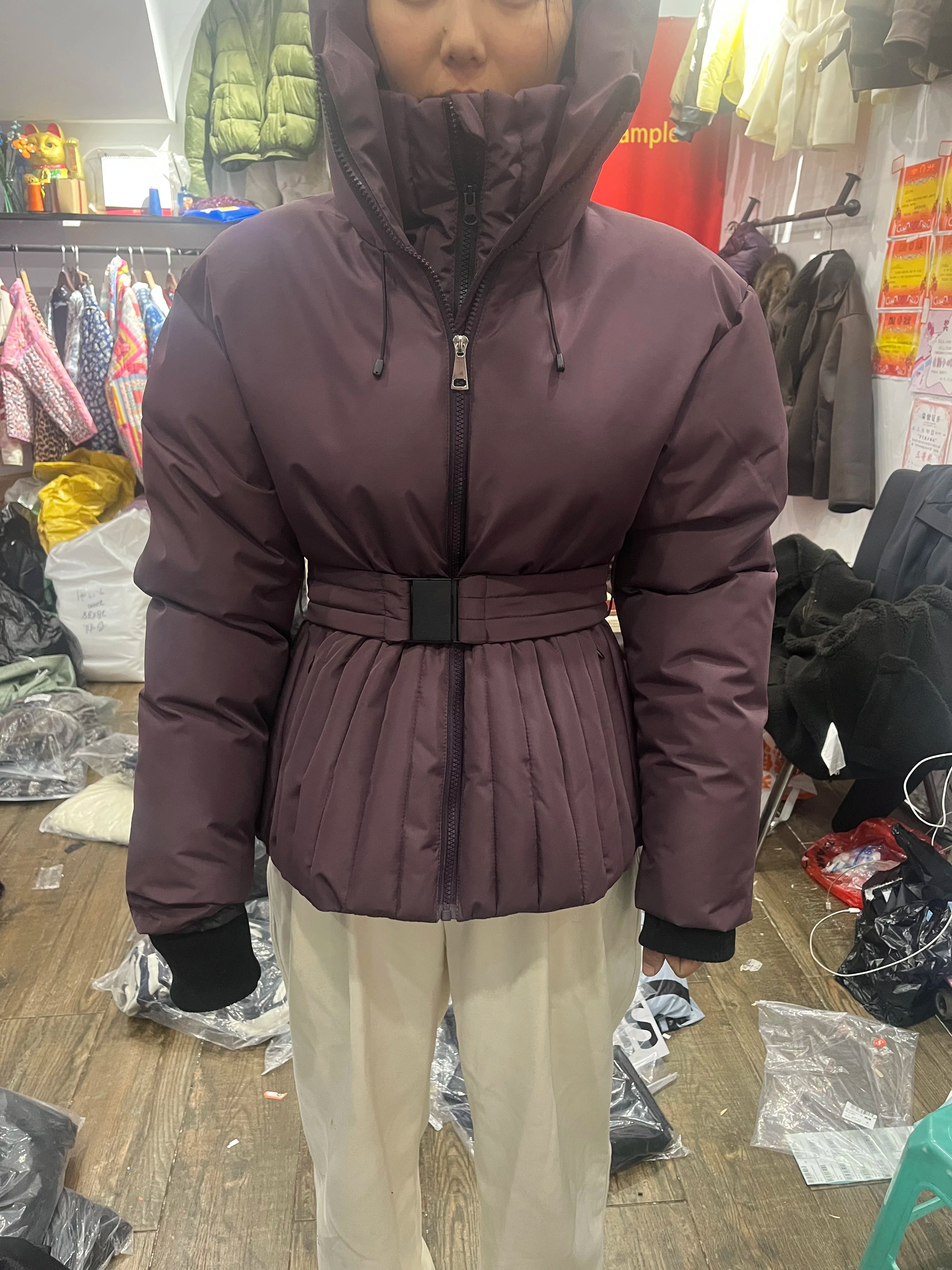 Belted Chic Hooded Cotton Coat Women Casual Full Sleeve Stand Collar Zipper Short Skiwear 2026 Lady Winter Sport Puffer Jacket