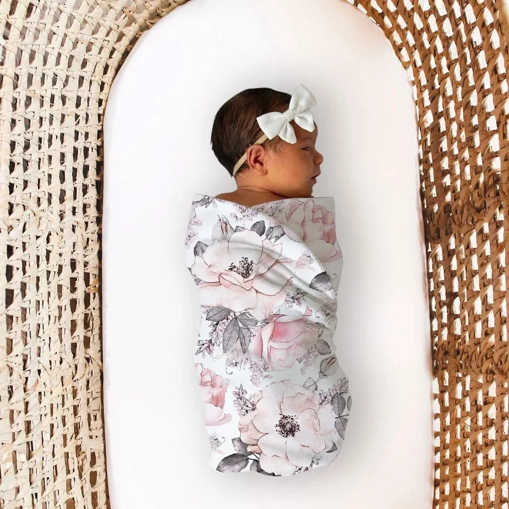 3pc Set Baby Swaddle Wrap for Newborns with Floral Headband