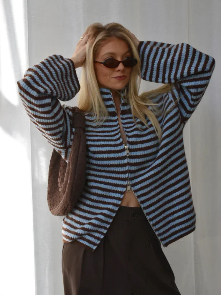 Women's Panelled Striped Zipper Knit Sweater Turtleneck Full Sleeve Coat 2026 Spring Autumn Female Casual Outings Daily Matching