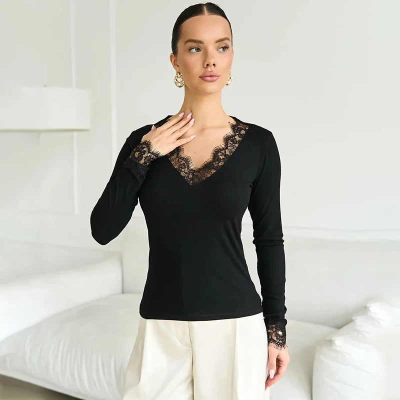 Tornova V Neck Lace T-Shirt Top for Women - Sexy Navel Exposed Pullover Fashion Splice Hot Girl Club Party Top - Autumn New Lady T-Shirt