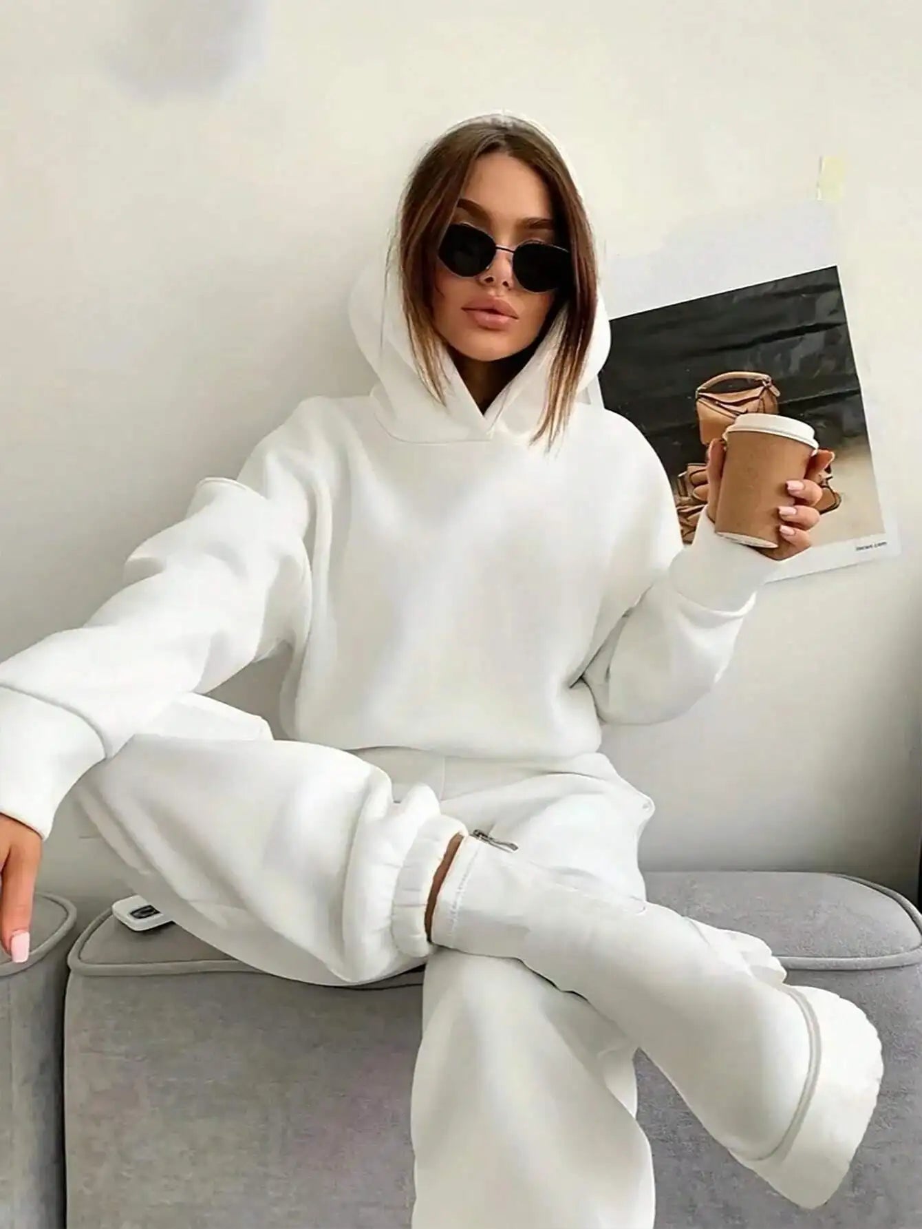 Women's White Casual Hooded Sweatshirt and Jogger Pants Matching Set