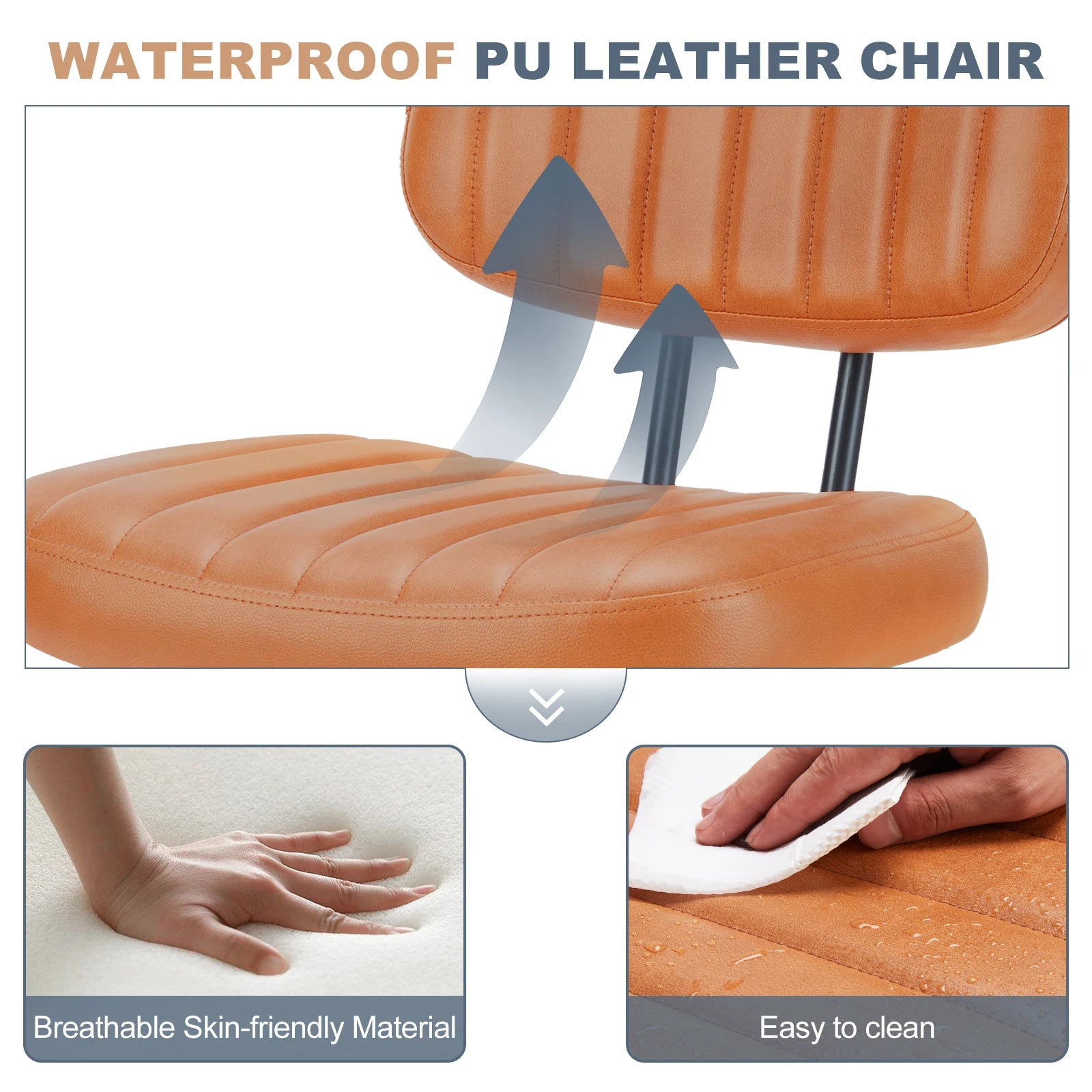 JHK Armless Office Desk Chair with Back Lumbar Support, Height Adjustable PU Leather Computer Chair with 360° Swivel Rolling Wheels