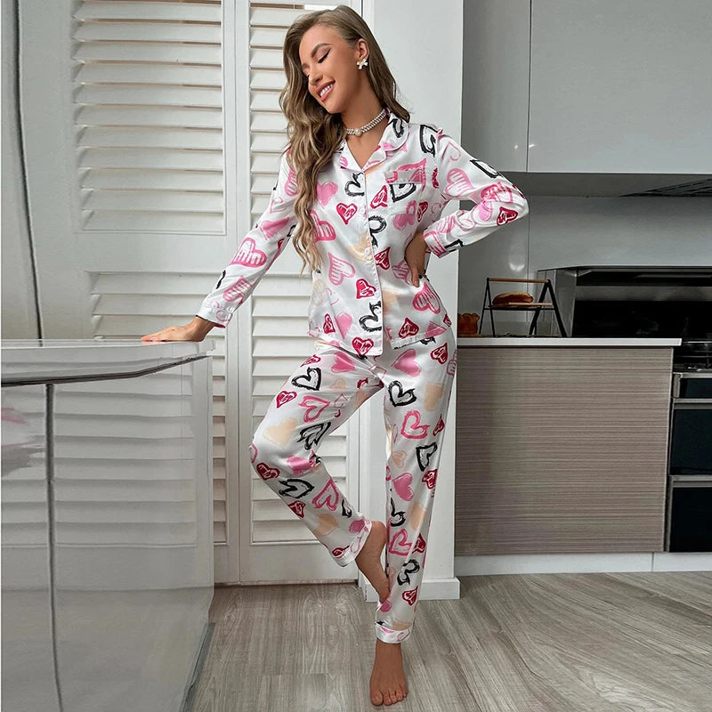 Spring Autumn Pajama Women Silk Satin Pajamas Set Long Sleeve Shirt with Trouser Sleepwear Loungewear Female Pajamas Suits Mujer