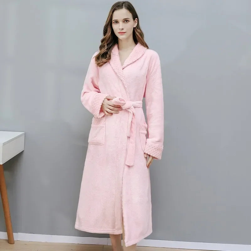 Women's Autumn and Winter Warm Long Coral Velvet Thick Couple Bathrobes for Men and Women - Pajamas and Shower Robes with Bath Towels for Adults
