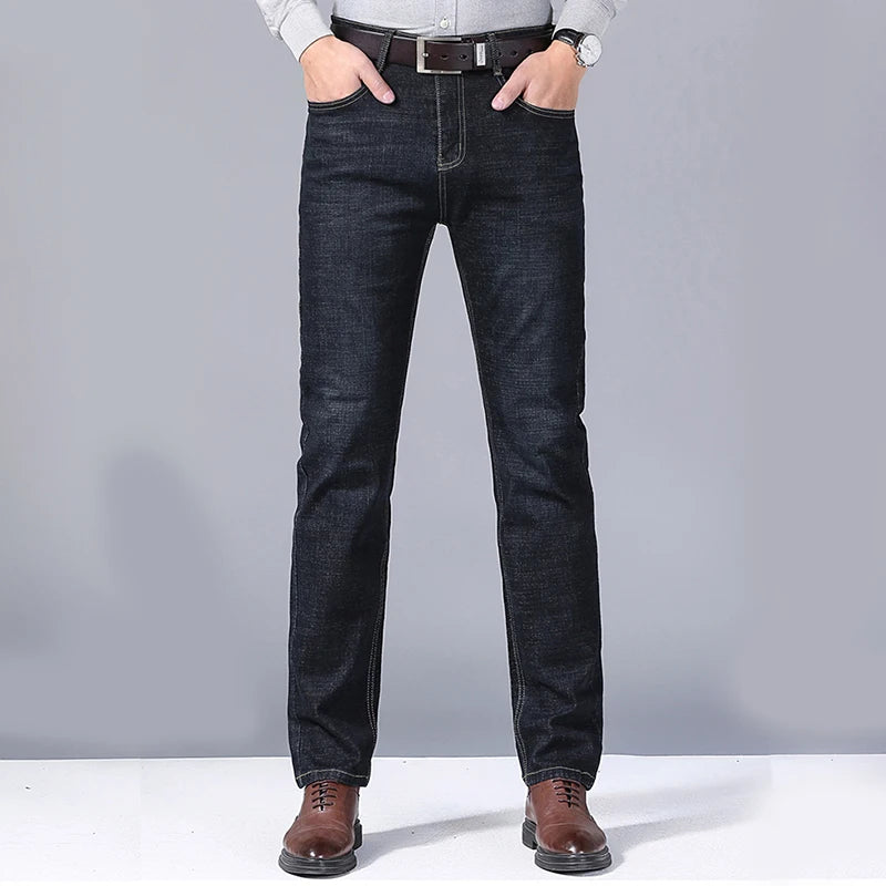 Men's Soft Straight Denim Pants 2025 Autumn Classic Business Black Biker Jeans Overalls