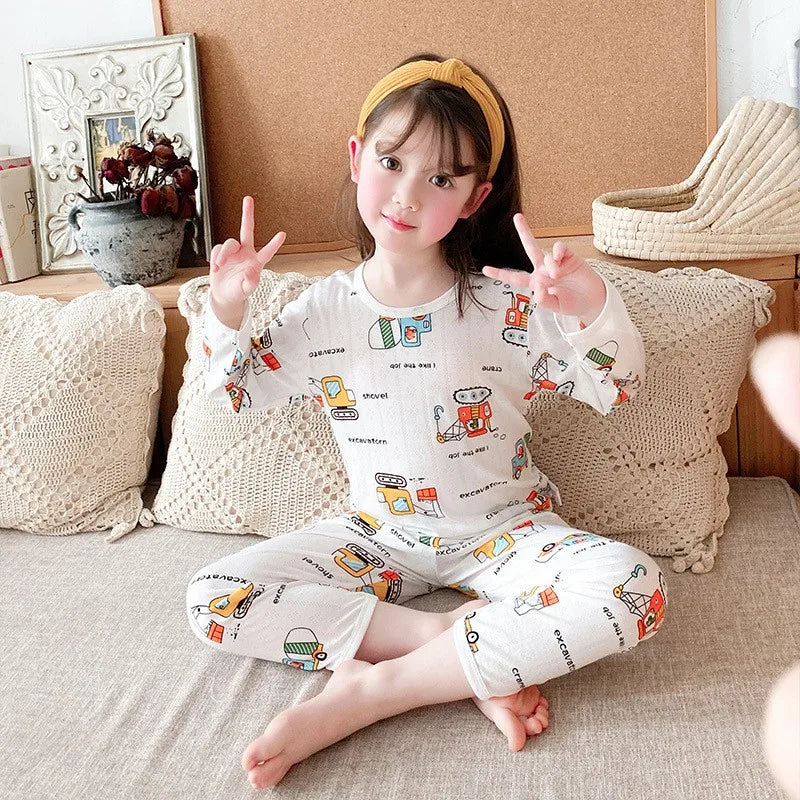 Top+Pants 2-Piece Set Breathable Soft Cotton Pajamas for Children Boys Girls Baby Summer Cartoon Long Sleeve Home Sleepwear Set 1-6Y