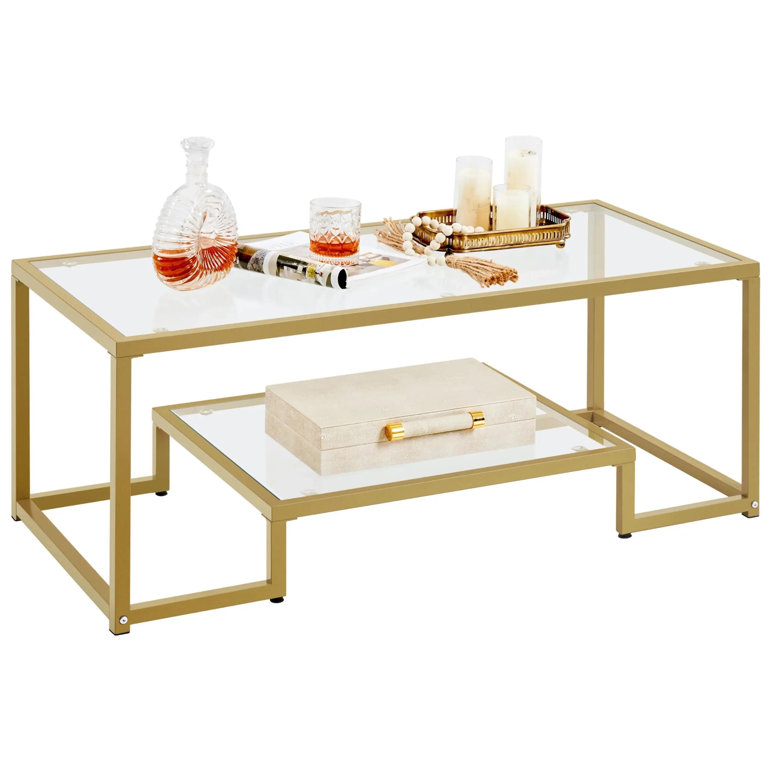 Gold Coffee Table, 42" Rectangular Glass Coffee Table for Living Room, 2-Tier Living Room Tables with Storage Center, Customized