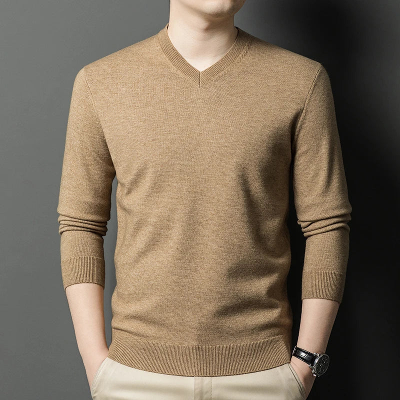 Men's V-Neck Basic Solid Color Sweatshirt Warm Autumn Knitted Oversize Pullover Elastic Round Neck Sweater for Casual Wear