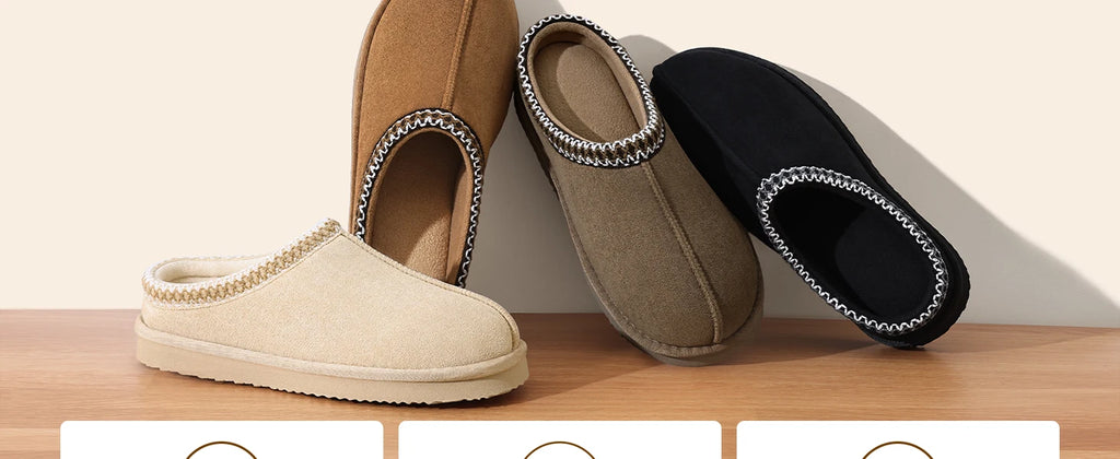 Comwarm Winter Women's Fuzzy Slippers Genuine Suede Indoor Outdoor Fluffy House Slippers Slip On Warm Memory Foam Furry Shoes