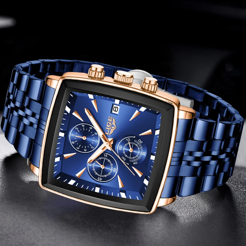 LIGE Top Brand Luxury Men's Watches Fashion Military Square Chronograph Quartz Wristwatches for Men Sports Waterproof Watch