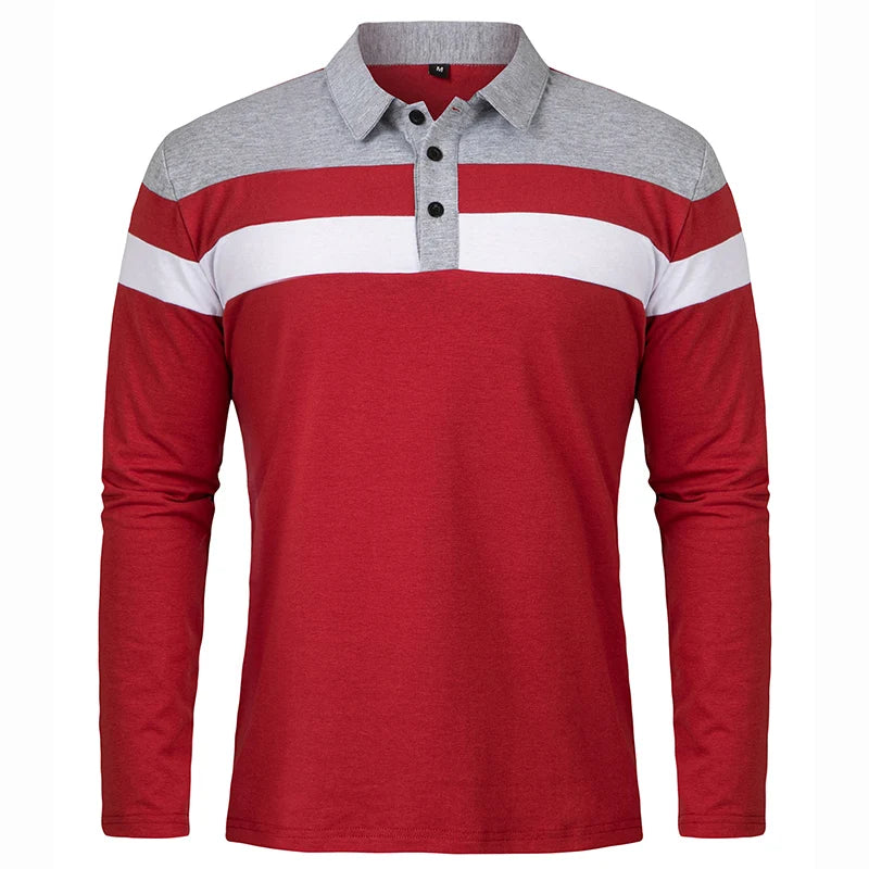 Men's Long Sleeve Casual Cotton Patchwork Collared Shirt Autumn Striped Pullover Streetwear Golf Button Polo Shirts