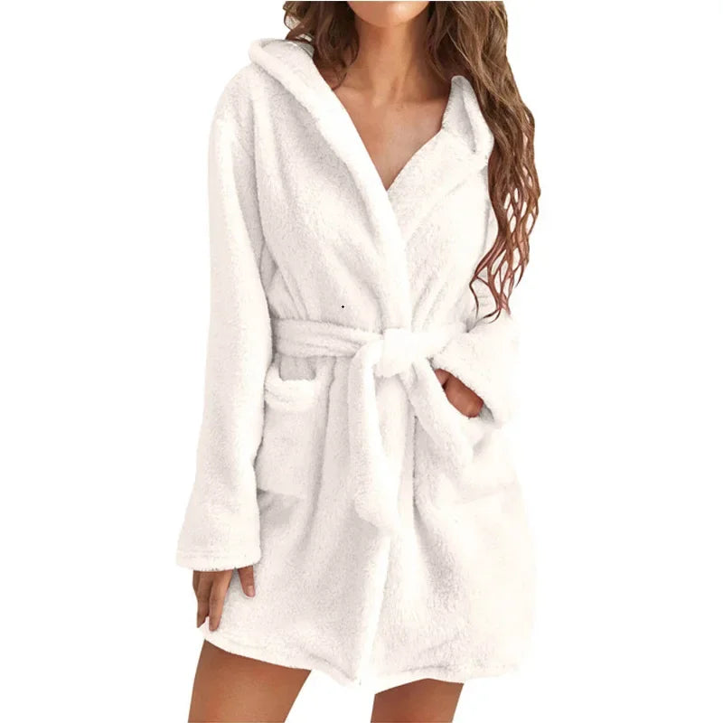 Solid Shower Kimono Robes Hooded for Women Long Sleeves Towel Bathrobe with Waist Girdle Female Cotton Sleepwear for Home Wear