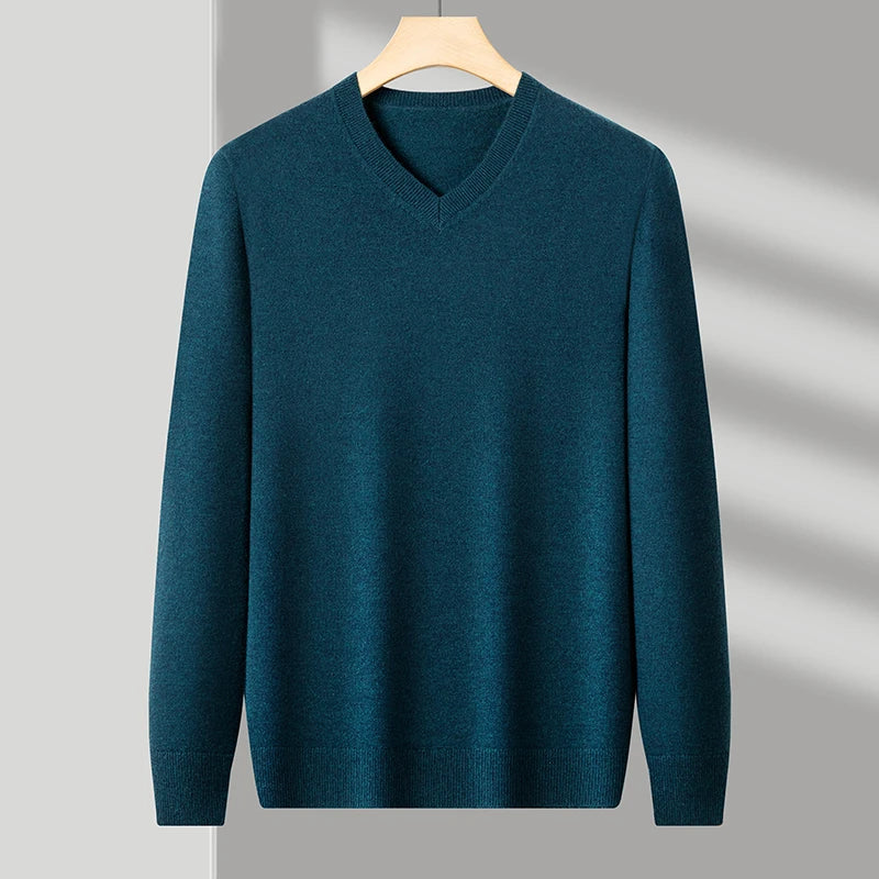 Men's V-Neck Basic Solid Color Sweatshirt Warm Autumn Knitted Oversize Pullover Elastic Round Neck Sweater for Casual Wear