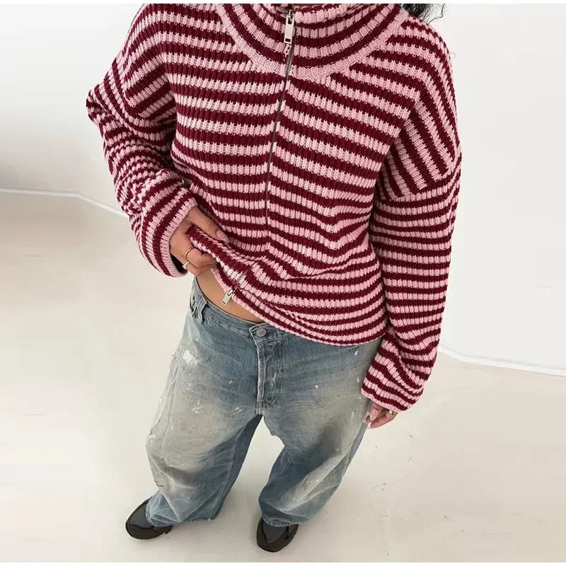 Women's Panelled Striped Zipper Knit Sweater Turtleneck Full Sleeve Coat 2026 Spring Autumn Female Casual Outings Daily Matching