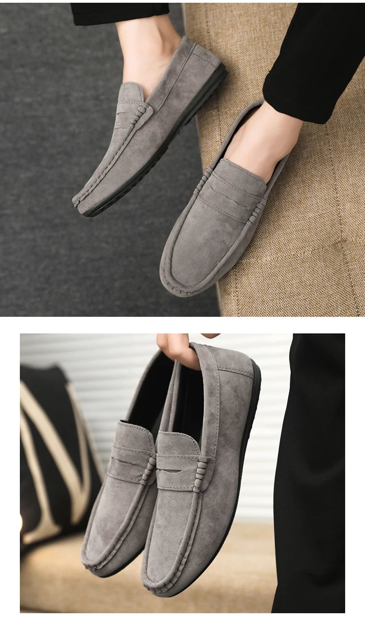 2025 Autumn Deer Leather Casual Men's Shoes Versatile Comfortable Work Shoes Driving Loafers Black, Grey, Khaki Three-Colour