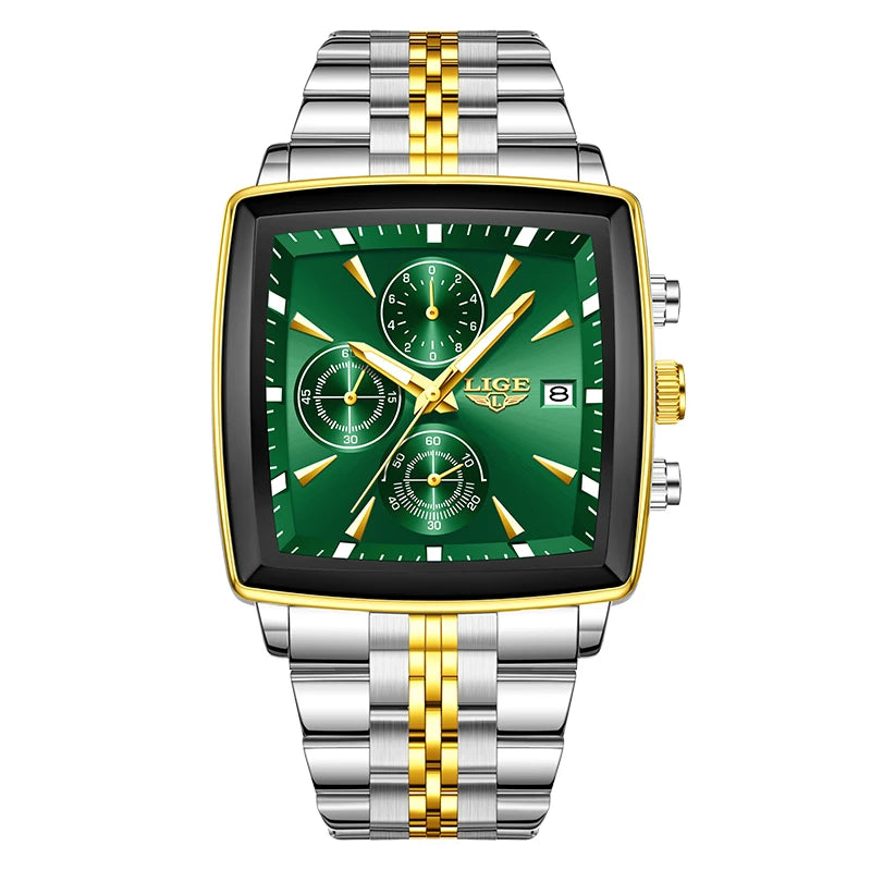 LIGE Top Brand Luxury Men's Watches Fashion Military Square Chronograph Quartz Wristwatches for Men Sports Waterproof Watch