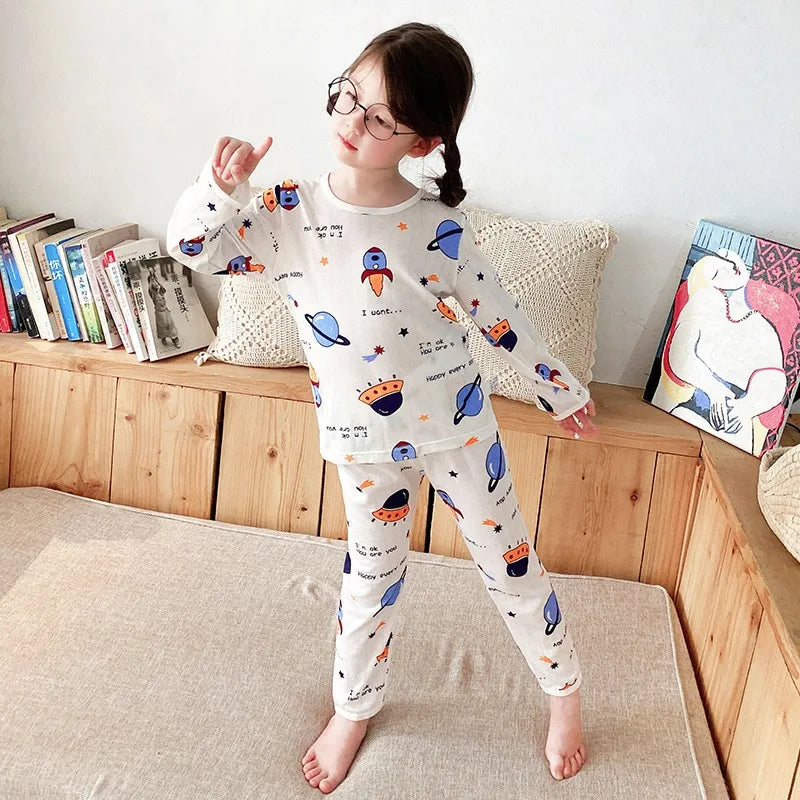 Top+Pants 2-Piece Set Breathable Soft Cotton Pajamas for Children Boys Girls Baby Summer Cartoon Long Sleeve Home Sleepwear Set 1-6Y