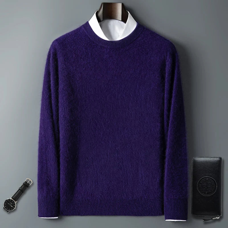 100% Pure Mink Cashmere Men's Round Neck Sweater for Autumn Winter, Casual Knitted Long Sleeved Pullover Sweater Men's Clothing