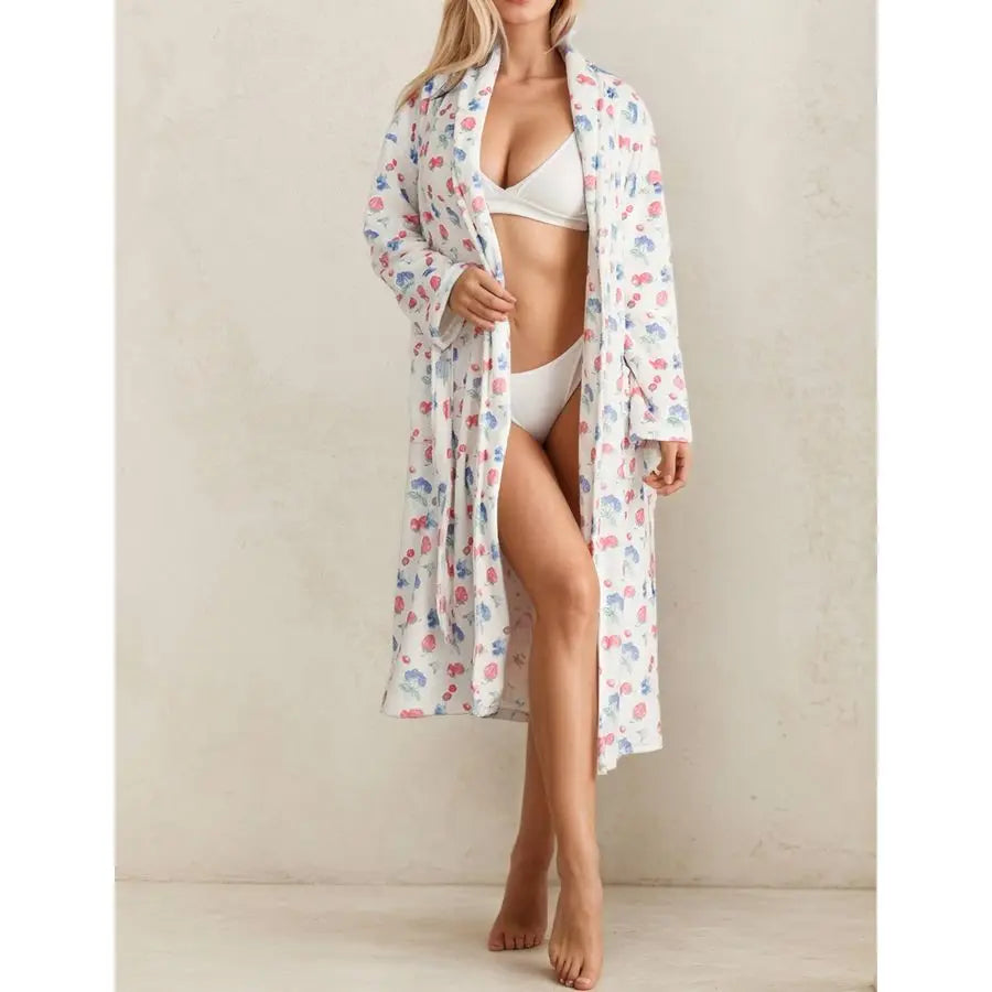 Fleece Floral Fruit Print Bathrobe Valentine Robe Soft Flannel Lounge Robe Cute Lightweight Gown with Belt