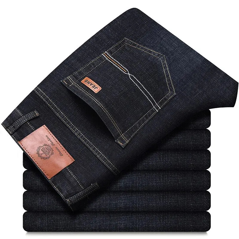 Men's Soft Straight Denim Pants 2025 Autumn Classic Business Black Biker Jeans Overalls